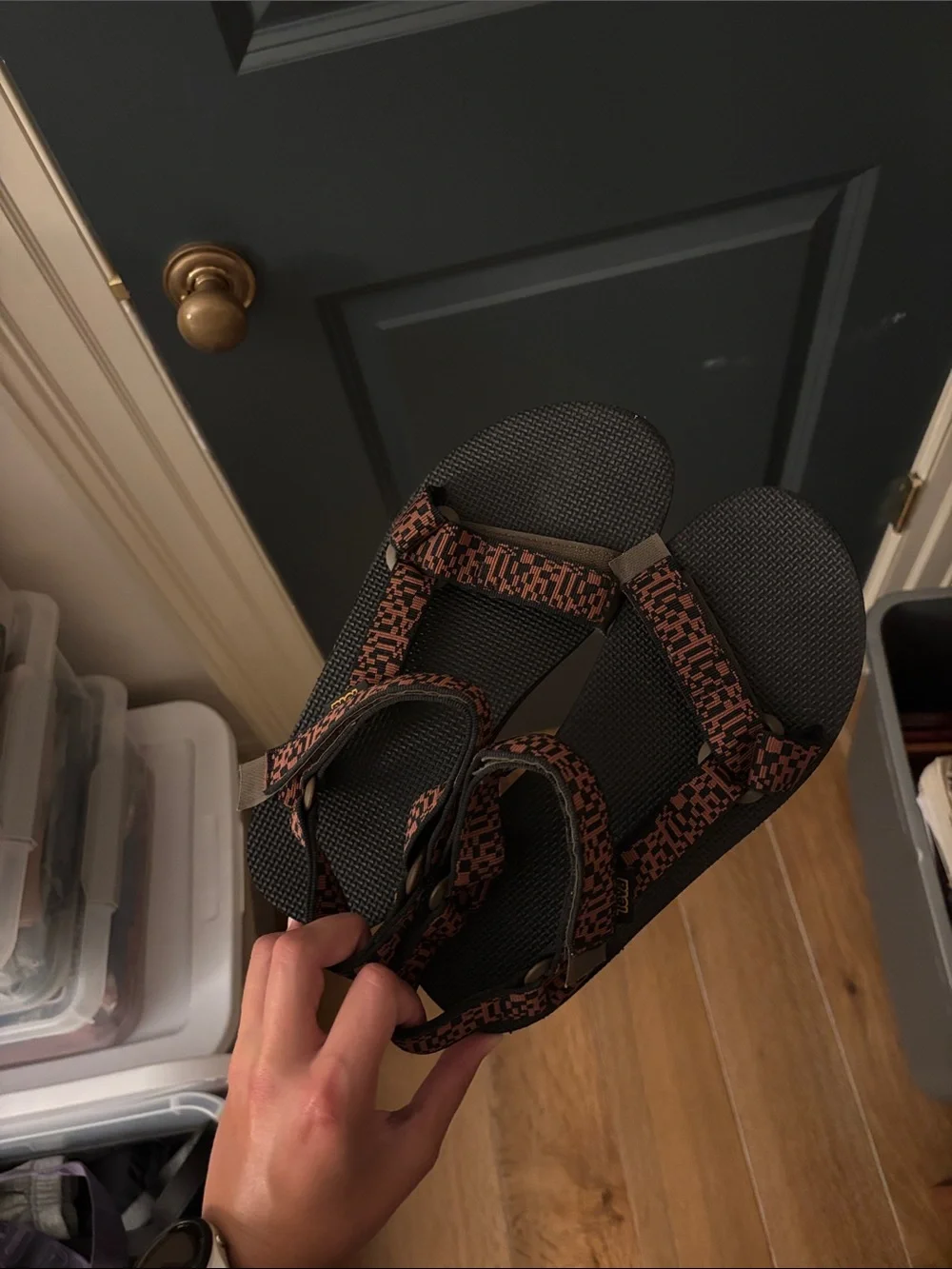 Teva Men's Black Sandals with Brown Patterned Straps
